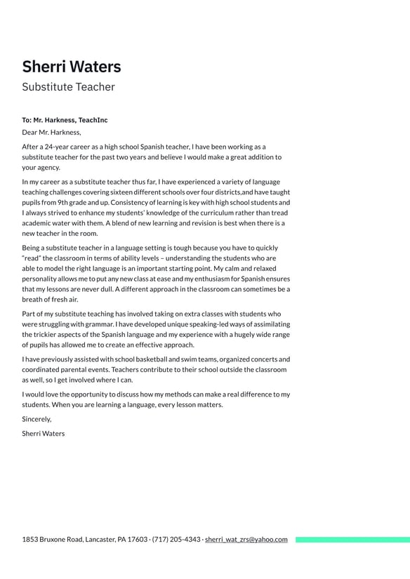 Substitute Teacher cover_letter example