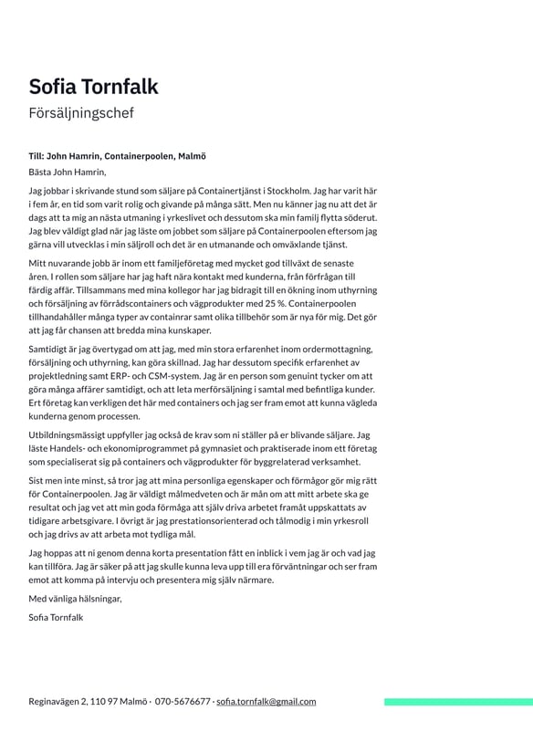 Försäljningschef cover_letter example