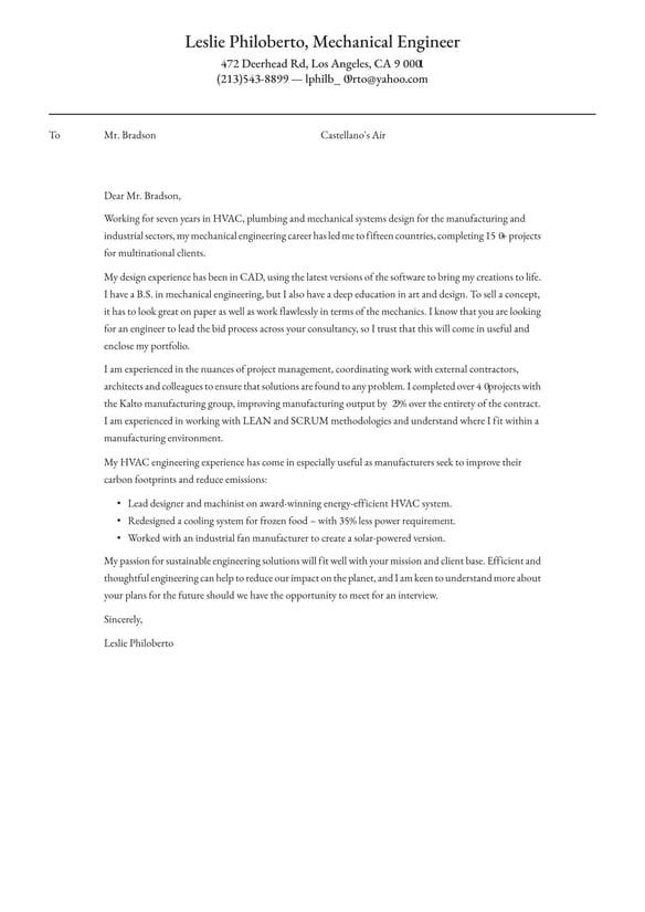 Mechanical Engineer cover_letter example