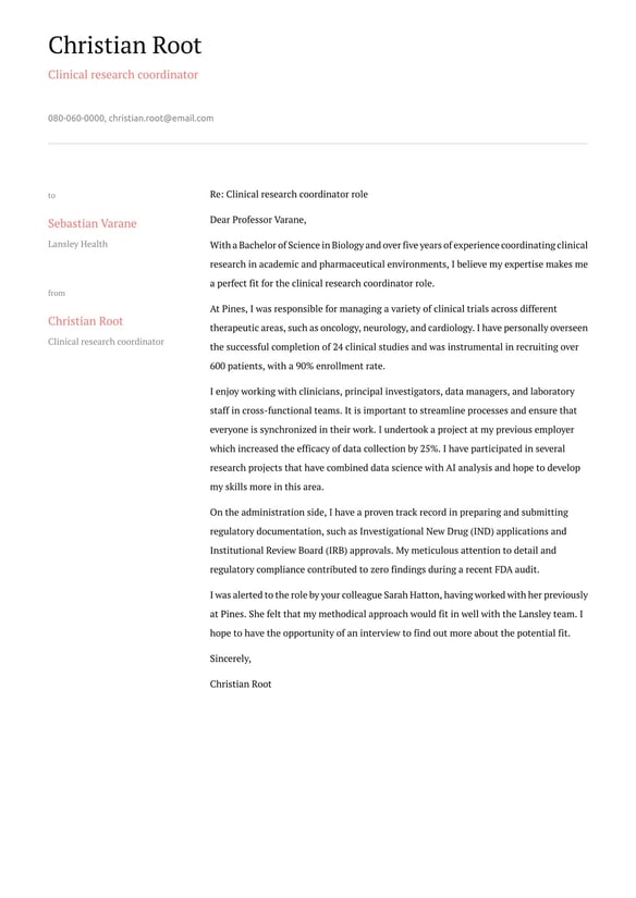 Clinical Research Coordinator cover_letter example