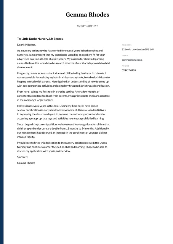 Nursery Assistant  cover_letter example