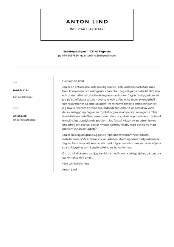 Underhålls- och reparationsarbete cover_letter example