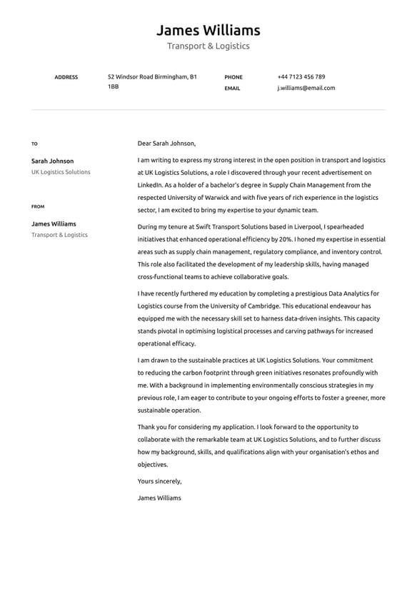 Transport and Logistics cover_letter example