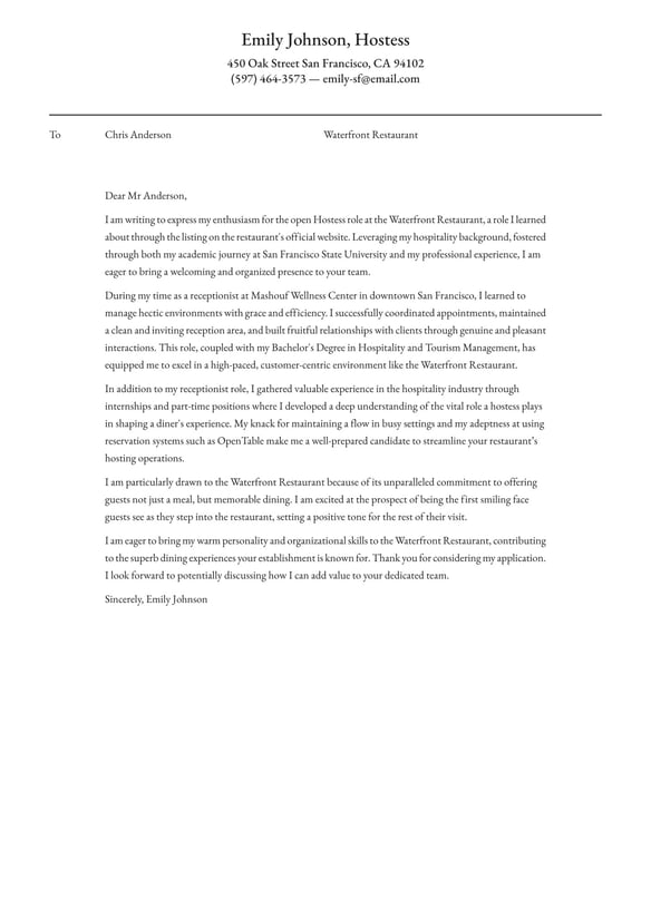 Hostess cover_letter example