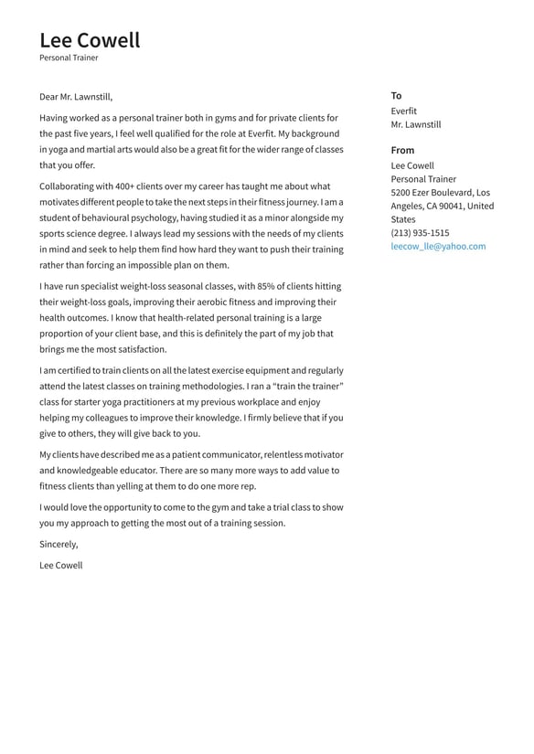 Personal Trainer cover_letter example