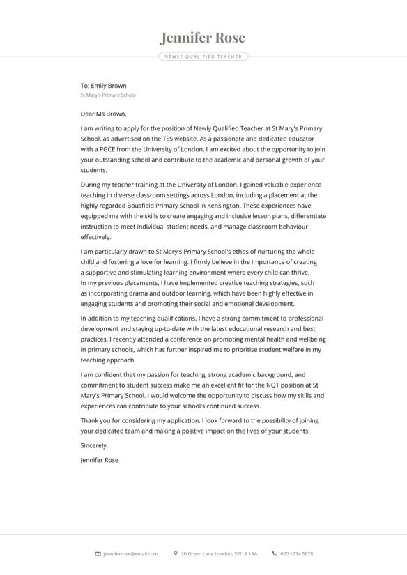 Newly Qualified Teacher cover_letter example