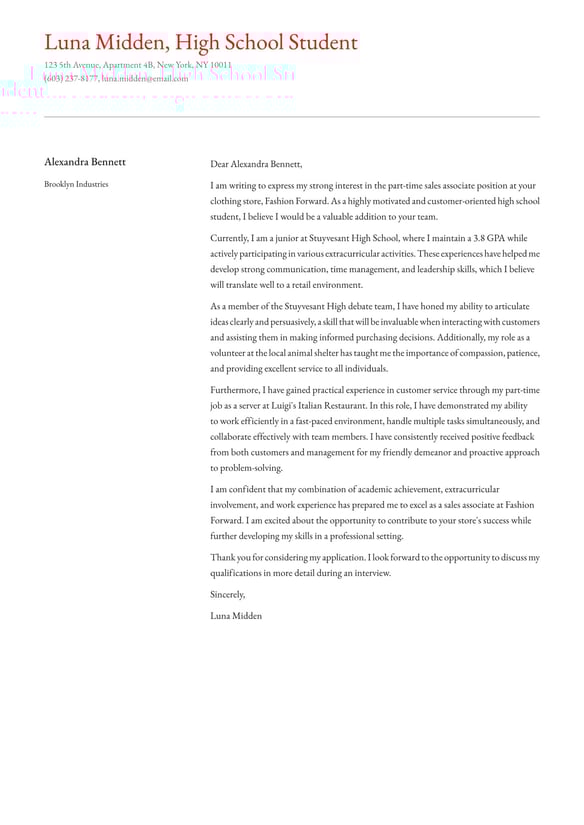 High School Student cover_letter example
