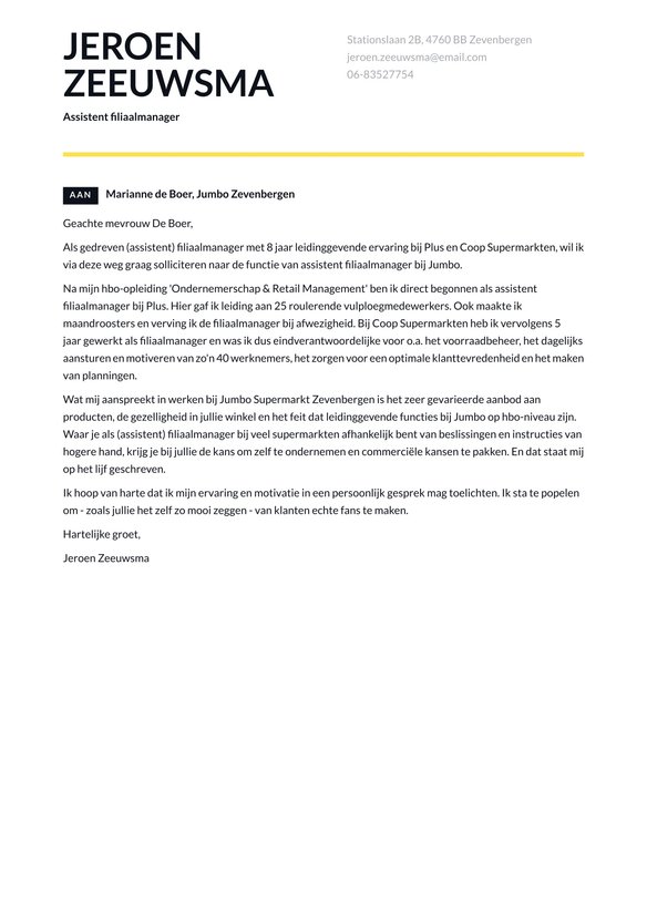 Assistent Filiaalmanager cover_letter example