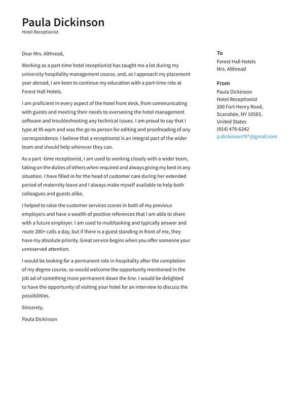 Hotel Receptionist cover_letter example