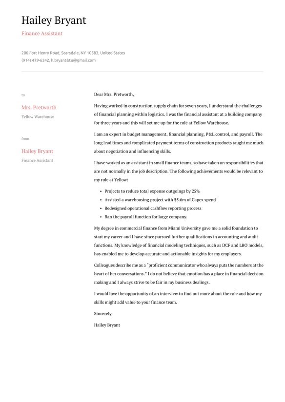Finance Assistant cover_letter example