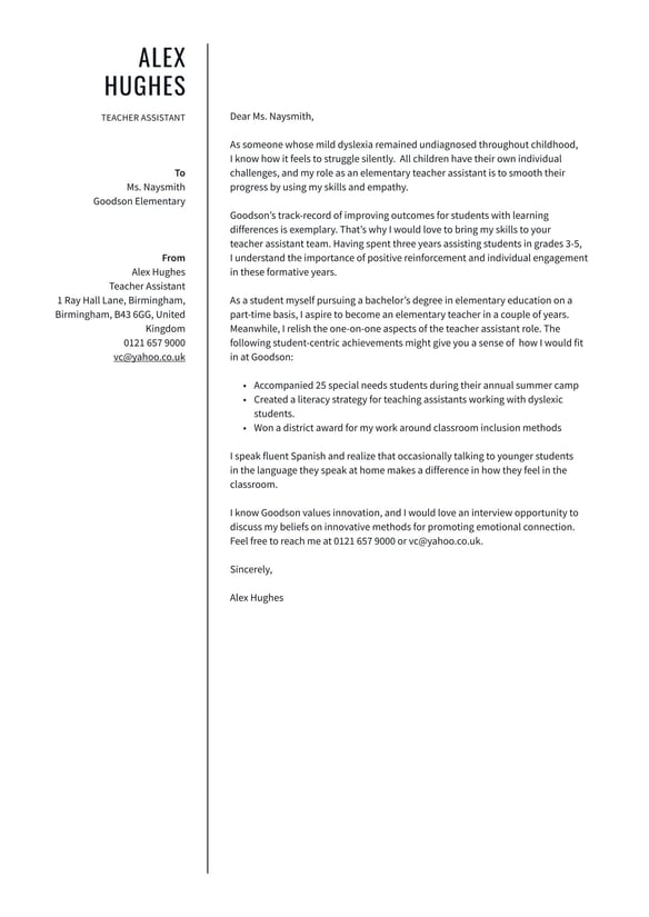 Teacher Assistant cover_letter example