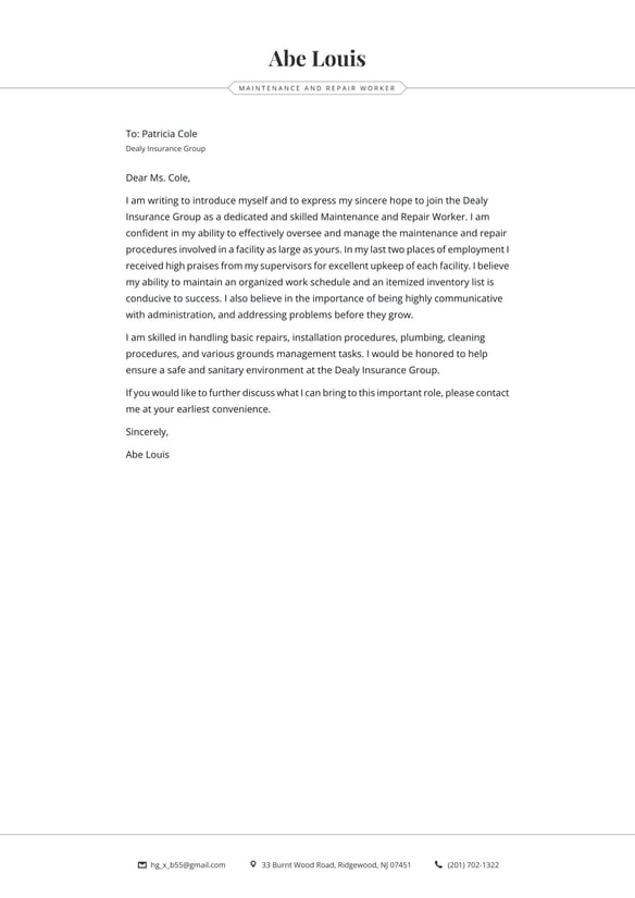 Maintenance and Repair cover_letter example