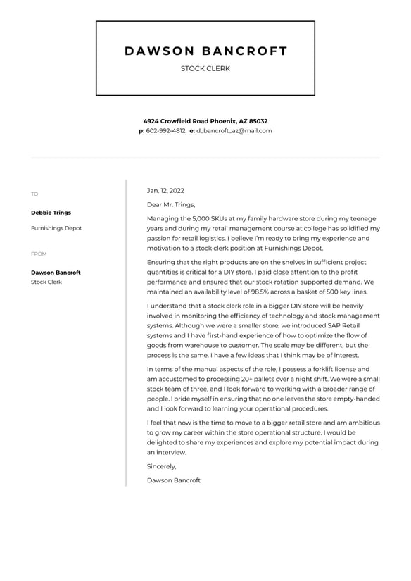 Stock Clerk cover_letter example