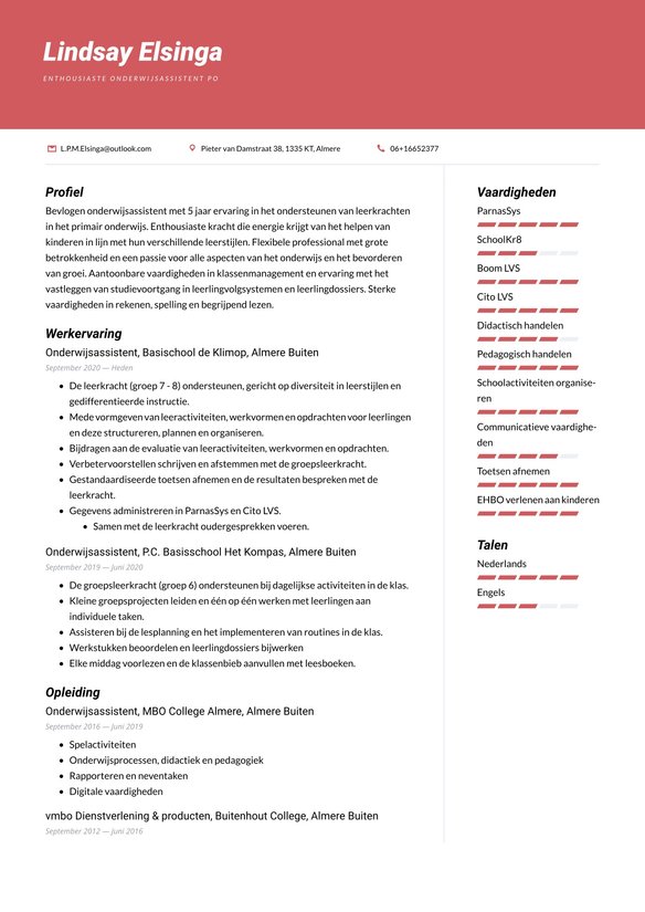 Onderwijsassistent resume example