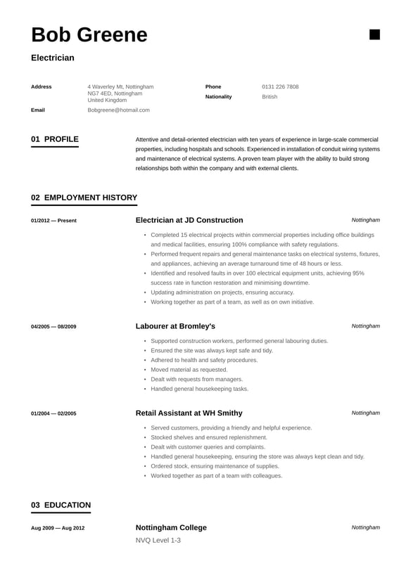 Electrician resume example