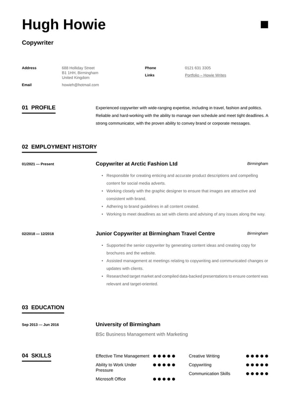 Copywriter resume example