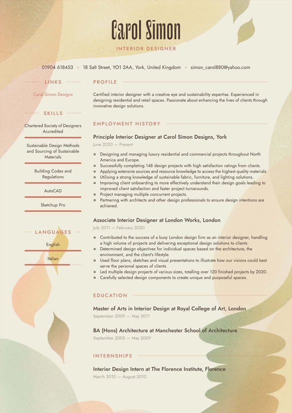 Interior Designer resume example