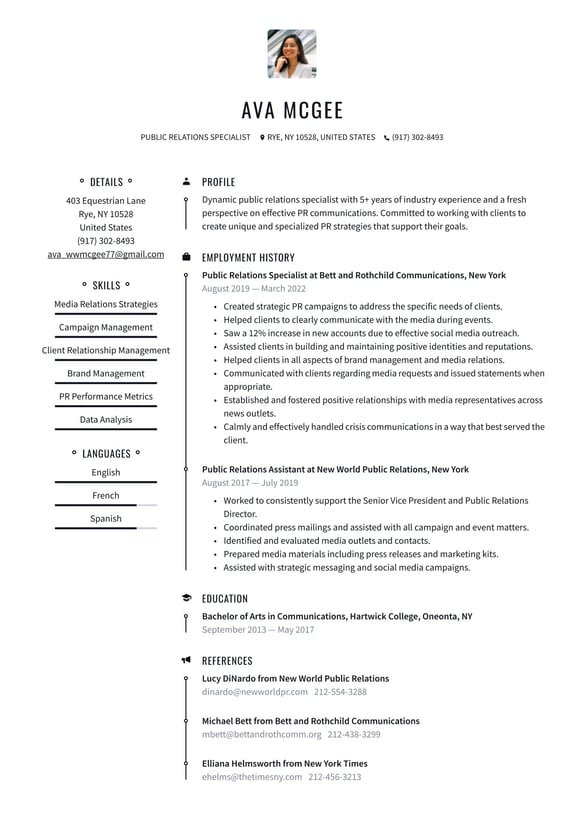 Public Relations resume example