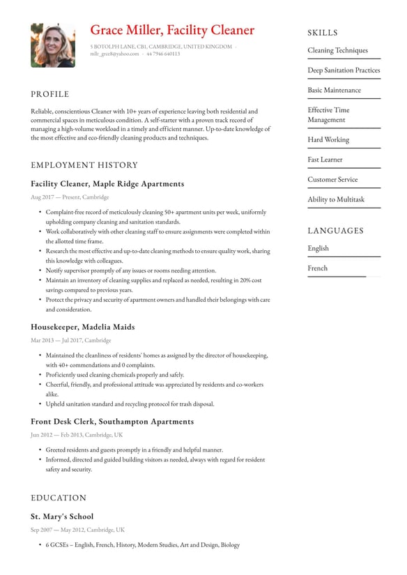 Cleaner resume example