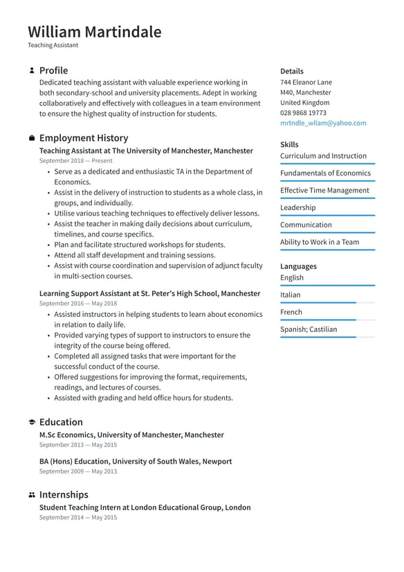 Teaching Assistant resume example
