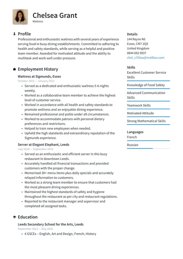 Waitress resume example