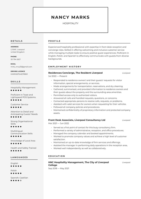 Hospitality resume example