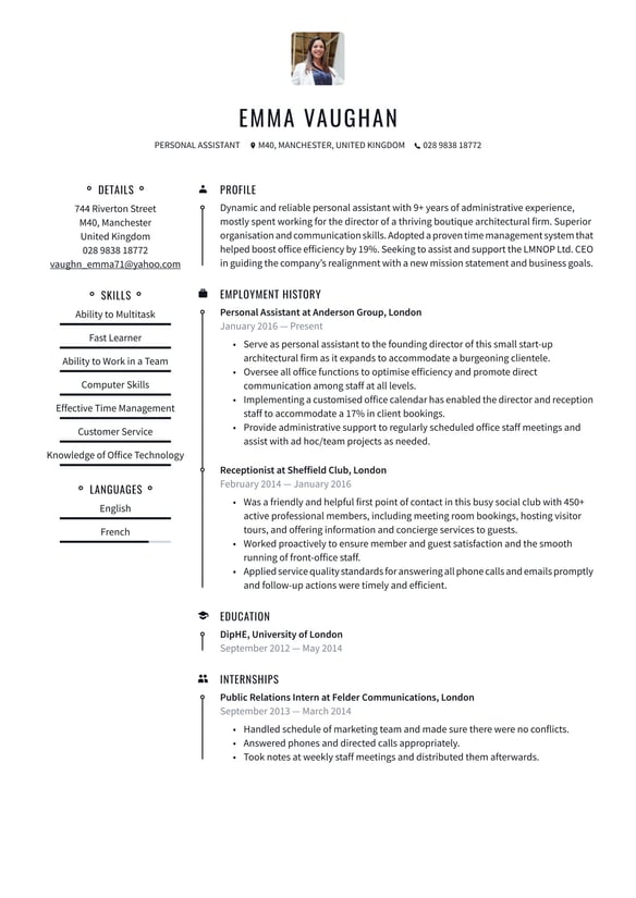 Personal Assistant resume example