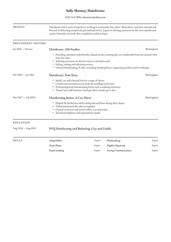 Hairdresser resume example