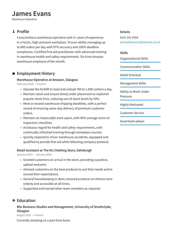 Warehouse Operative resume example