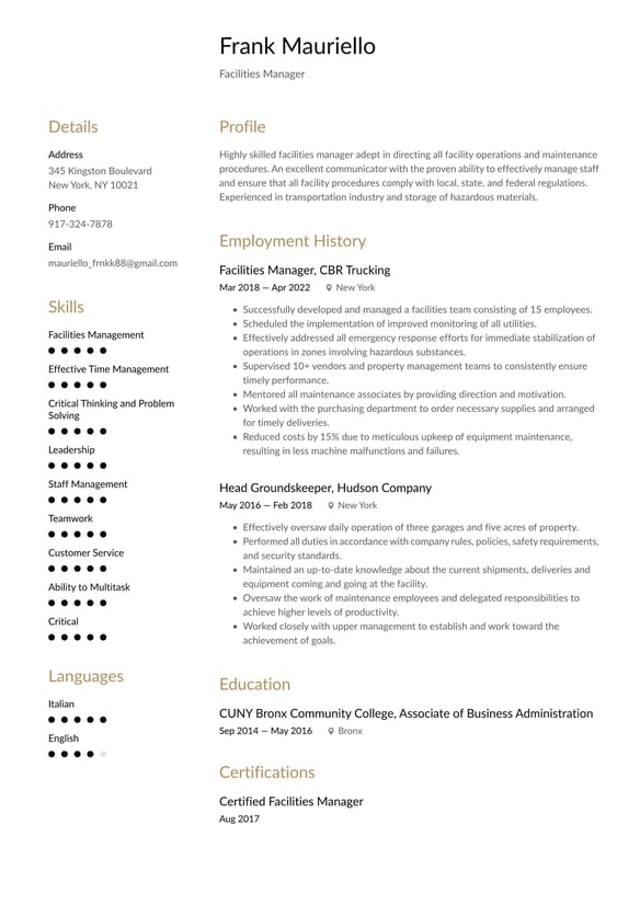Facilities Manager resume example