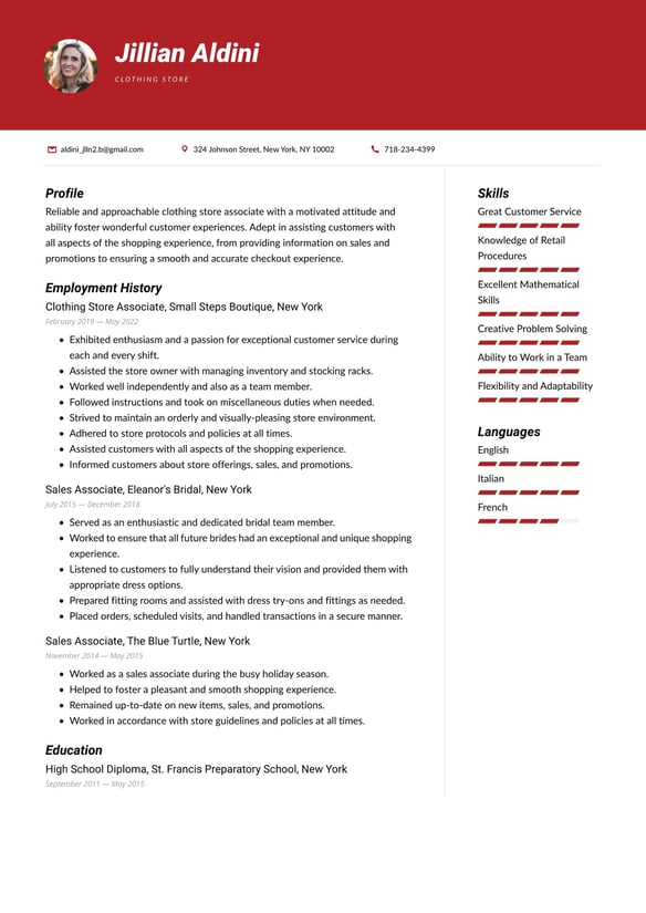 Clothing Store resume example