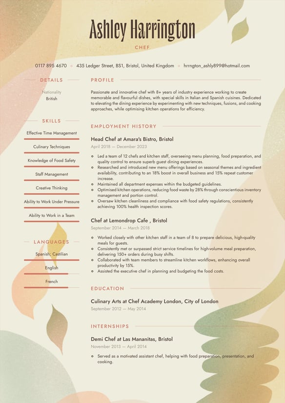 Chef resume example