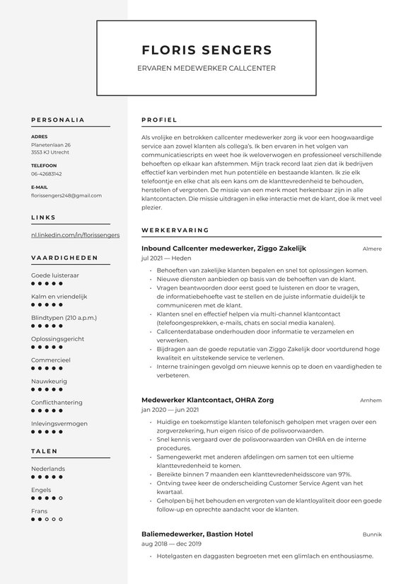 Callcenter Medewerker resume example