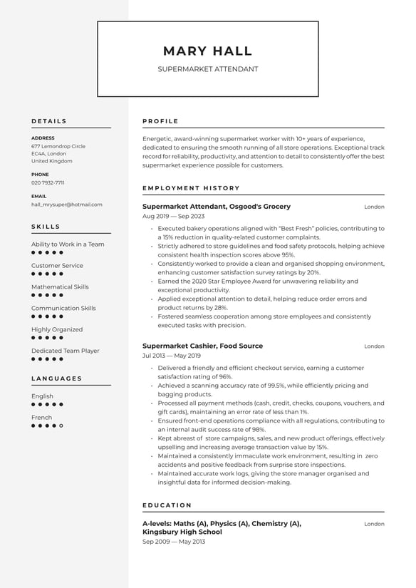 Supermarket resume example