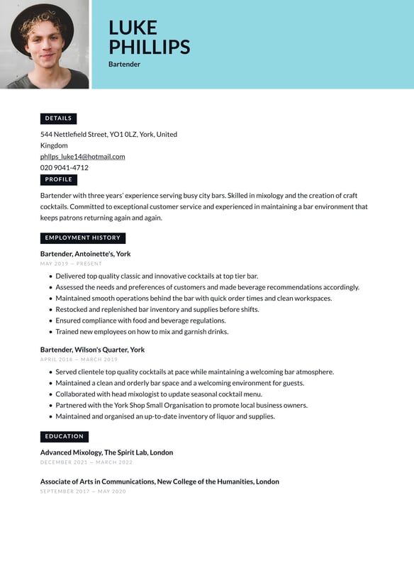 Bartender resume example