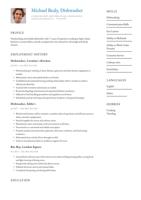 Dishwasher resume example
