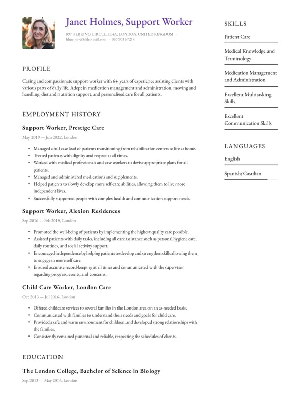 Support Worker resume example