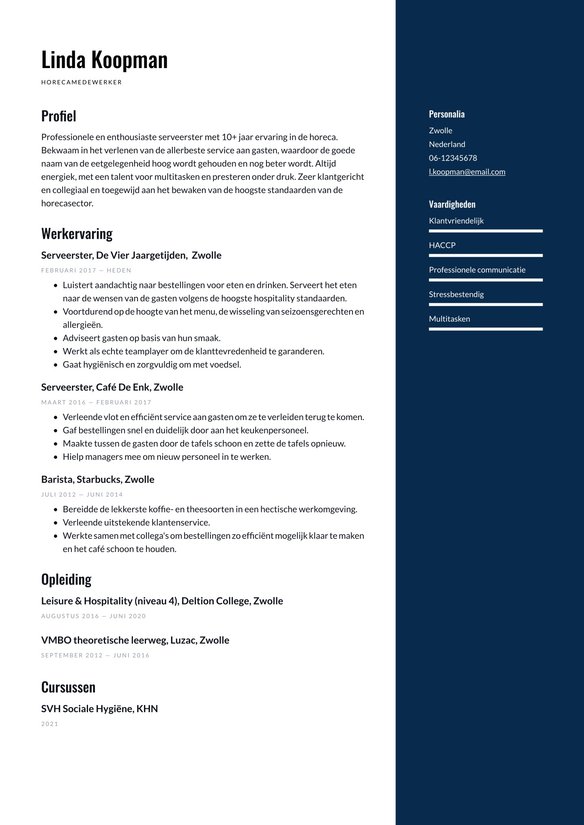 Horecamedewerker resume example