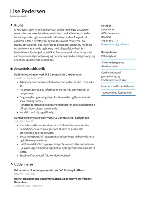 Kabinepersonale resume example