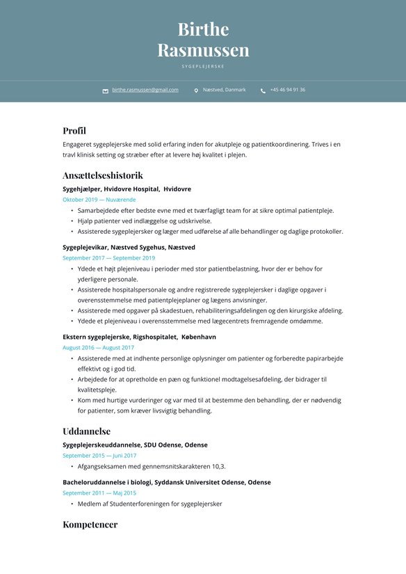 Sygeplejerske  resume example