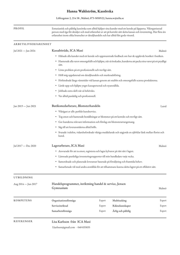 Kassabiträde  resume example