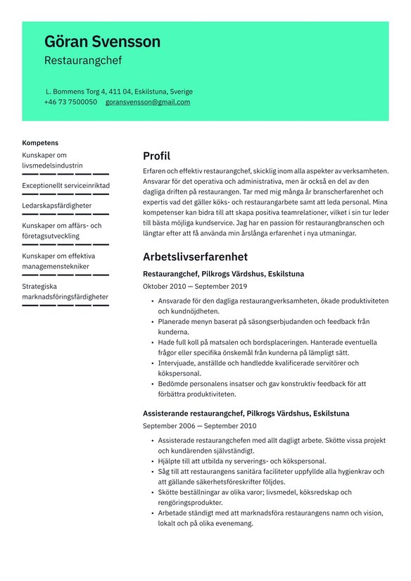 Restaurangchef resume example