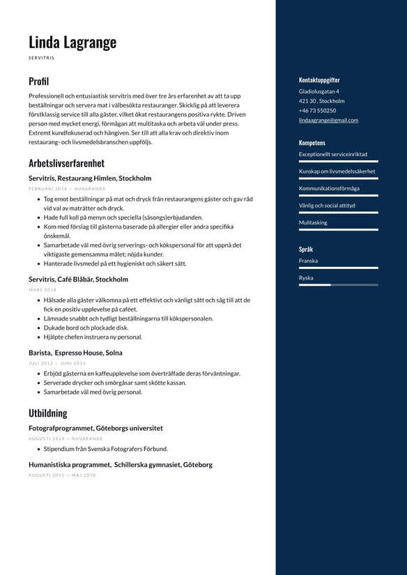  Servitör/servitris resume example