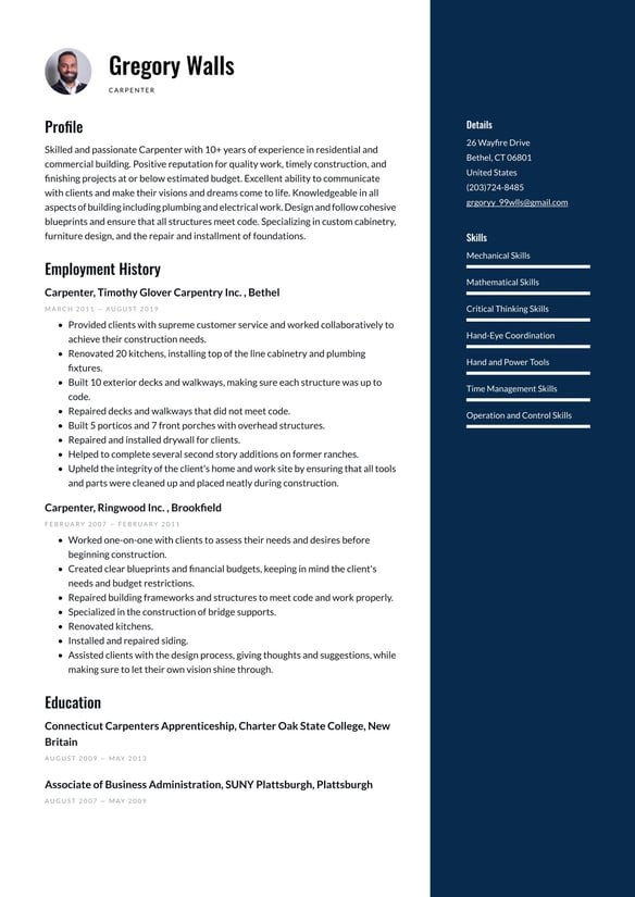Carpenter resume example