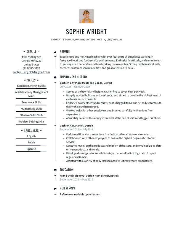Cashier resume example