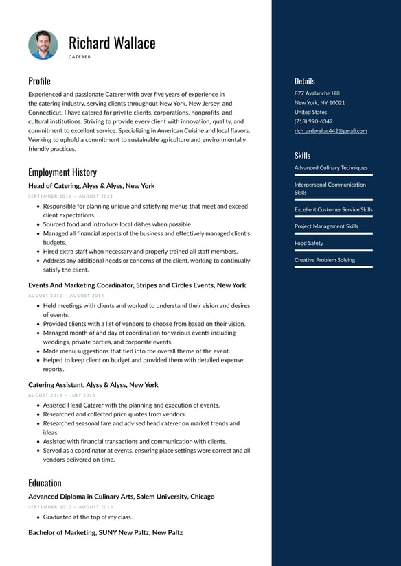 Caterer resume example
