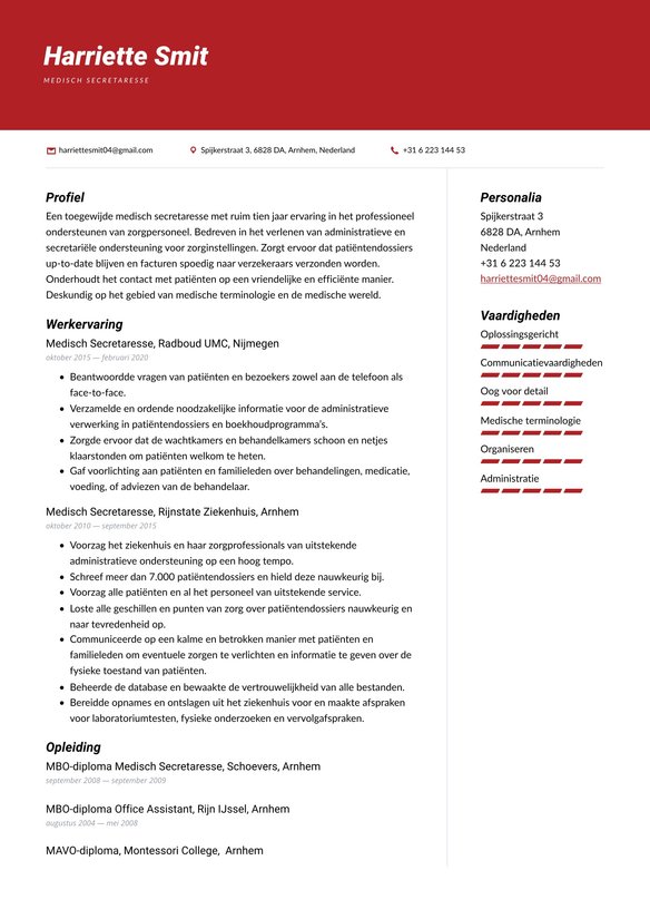 Medisch secretaresse/secretaris resume example