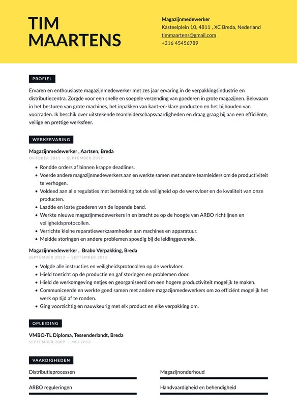 Magazijnmedewerker resume example