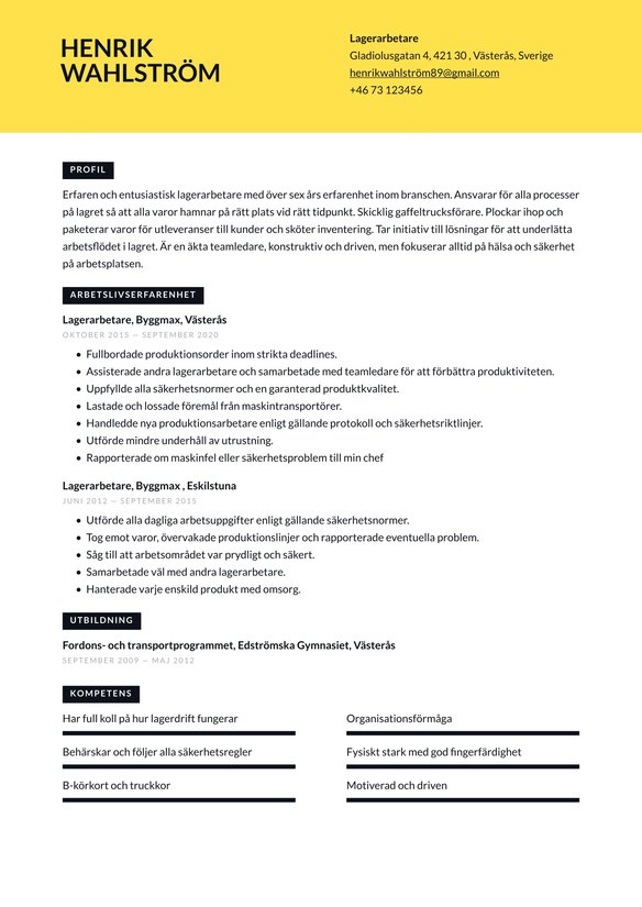  Lagerarbetare resume example
