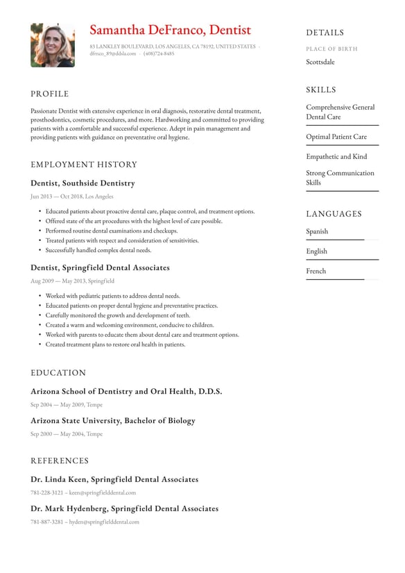 Dentist resume example